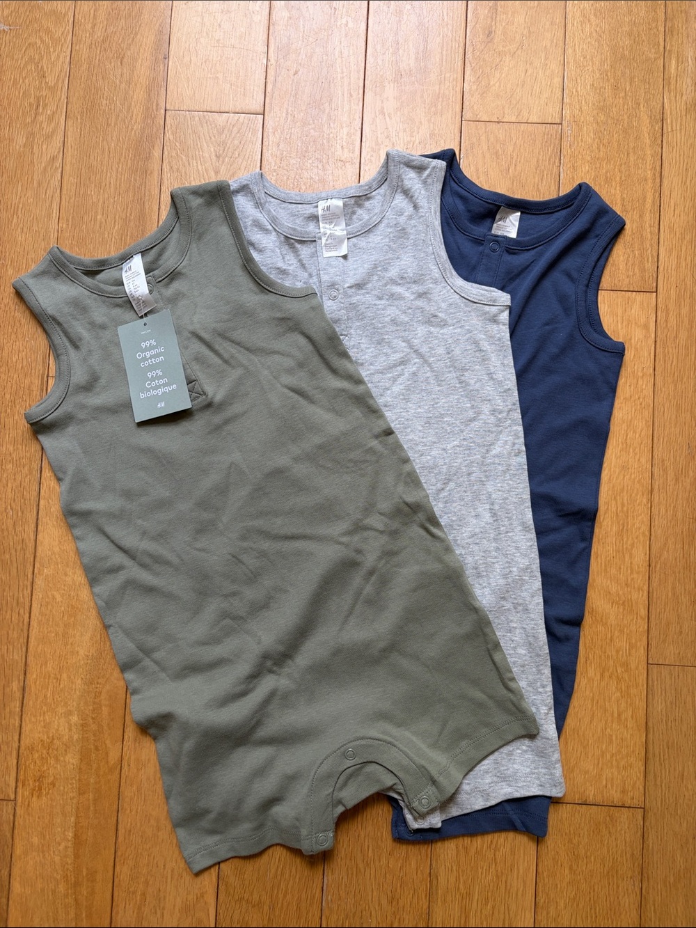 H&M 3-Pack Kids Organic Cotton Tank Rompers - Olive, Gray & Navy